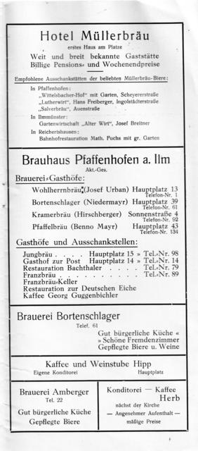 Anzeige der Unterkünfte und Stärkungsmöglichkeiten für Durchreisende im Prospekt von 1934