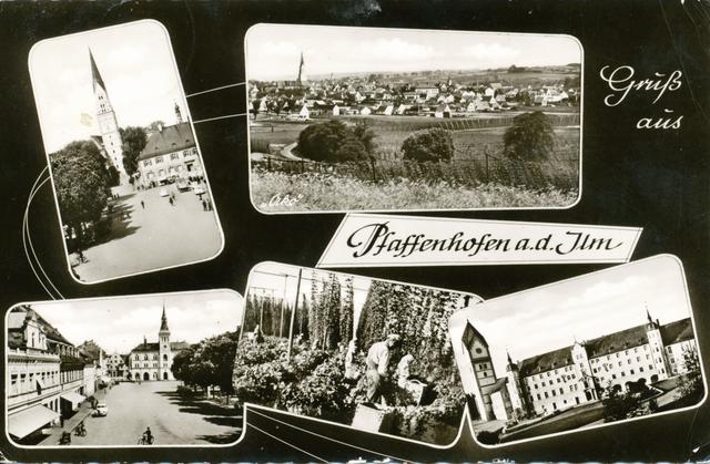 Auch Hopfenzupfen und das nahe Kloster Scheyern wurden als prägend für den Raum Pfaffenhofen in die Ansichtskarten der Jahre um 1960 aufgenommen.