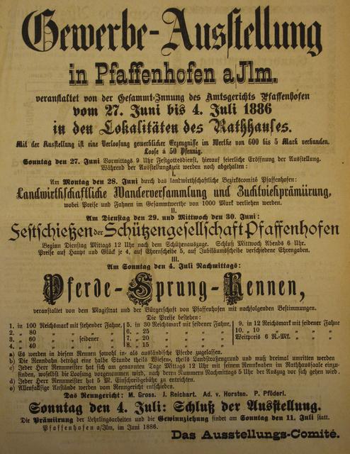 Anzeige der später auf August verschobenen Gewerbeschau 1886