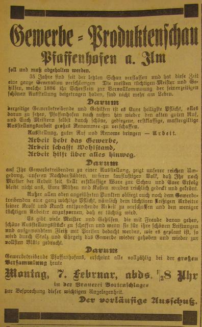 Die Voranzeige zur Gewerbe-Produktenschau 1921 macht den Gewerbetreibenden deutlich, jetzt zu handeln und aktiv zu werden.