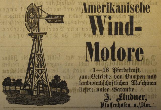 Anzeige von Josef Lindner für die neue Form der Energiegewinnung 1881