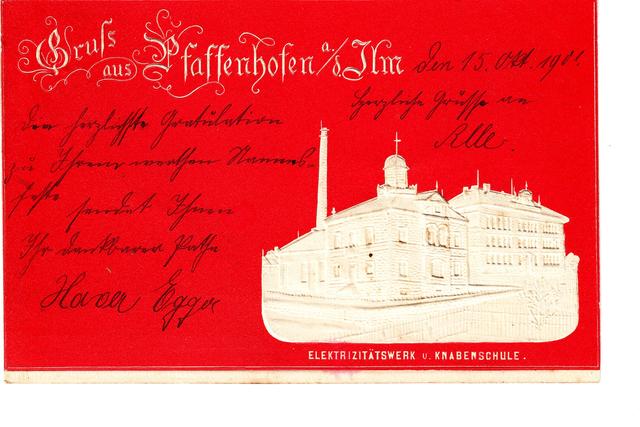Ansicht des Elektrizitätswerks an der Schulstraße neben der Knabenschule (um 1900)