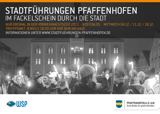 Passend zur dunklen und kalten Jahreszeit gibt es im Dezember wieder Fackelstadtführungen durch Pfaffenhofen. „Im Fackelschein durch die Stadt“ lautet dann das Motto, wenn Stadtführer Reinhard Haiplik, Andreas Sauer und Hans Prechter alle Pfaffenhofen-Interessierte zum kostenlosen Stadtrundgang einladen. Treffpunkt ist jeweils am 4., 11. und 18. Dezember, um 18 Uhr vor dem Rathaus in Pfaffenhofen