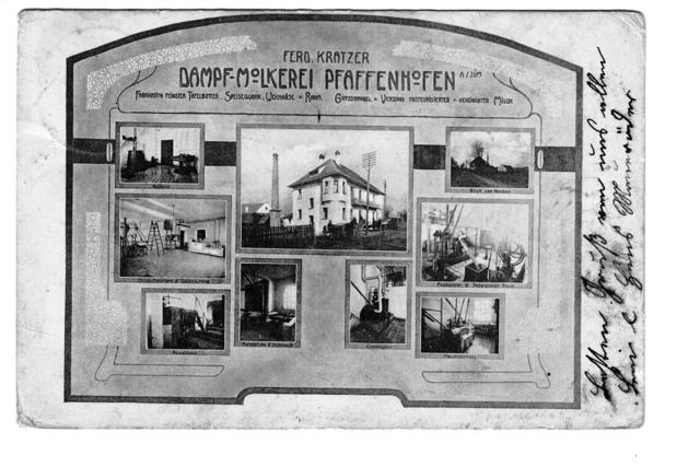 1906 richtete Ferdinand Kratzer in seinem neu erbauten Haus Münchener Straße 68 eine Dampfmolkerei ein (ca. 1910).