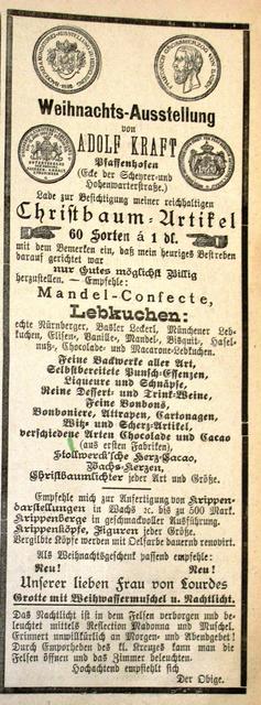 Anzeige zur Weihnachtsausstellung von Adolf Kraft, der in der Scheyerer Straße seine feinen Waren anbot (1893).