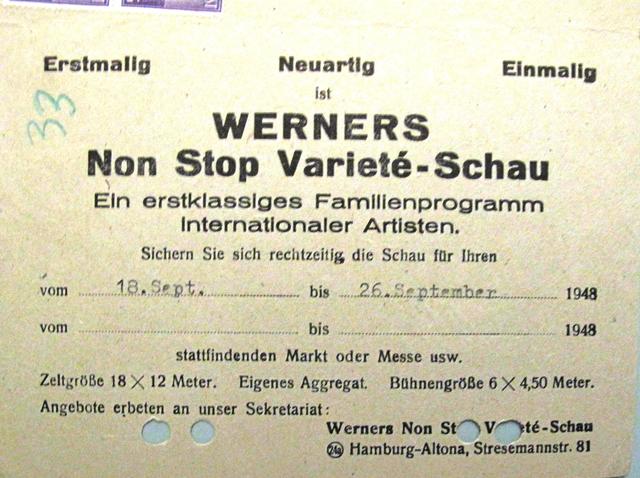 Varieté-Anzeige aus der Nachkriegszeit, die ein Aufblühen des kulturellen Geschehens mit sich brachte.