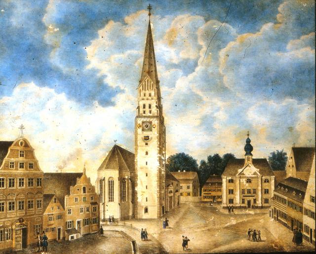 Die kolorierte Zeichnung des Pfaffenhofener Malers Augustin Schwarz (1791-1842) zeigt den oberen Hauptplatz mit Stadtpfarrkirche St. Johann Baptist und der Engelkapelle (um 1820).