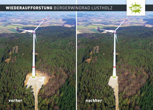 Fotomontage zur Wiederaufforstung am bereits bestehenden Bürgerwindrad. Der Großteil der Baufläche wieder renaturiert und der Rest direkt am Waldrand, also vor Ort, neu aufgeforstet. Auch bei den geplanten Windrädern wollen wir so verfahren.