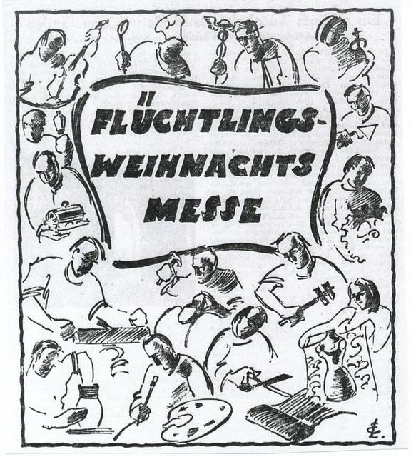 Von Eduard Luckhaus gestaltete Anzeige zur Flüchtlings-Weihnachtsmesse im Dezember 1949, auf der das vielfältige gewerbliche Schaffen der Heimatvertriebenen präsentiert wurde.