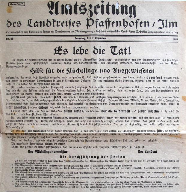 Öffentlicher Aufruf in der Amtszeitung vom 7. November 1946 an die Bevölkerung, durch Spenden zur Linderung der Not beizutragen.