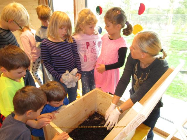 Befüllen einer Wurmkiste in der Kita Ecolino