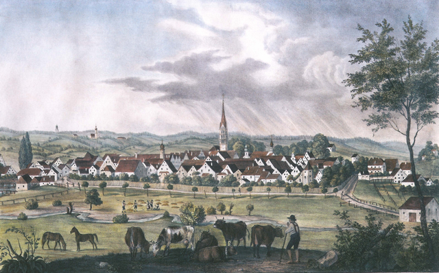 Ansicht auf Pfaffenhofen von Osten. Anstelle der Stadtmauer und des Grabens sind jetzt Anpflanzungen und teilweise Bebauung zu erkennen | Foto: Zeichnung von Augustin Schwarz, ca. 1820