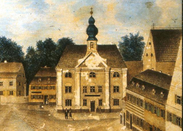 Die zum Schulhaus umfunktionierte Engelkapelle am oberen Hauptplatz besaß einen Saal für den Leseverein und den Bürgersaal für Versammlungen und kulturelle Veranstaltungen (Ausschnitt aus einer kolorierten Zeichnung von Augustin Schwarz um 1830).