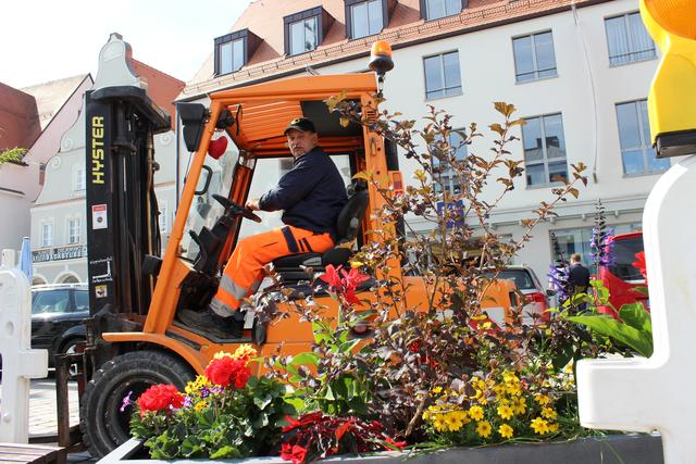 Mitarbeiter der Stadtwerke schmücken die Innenstadt