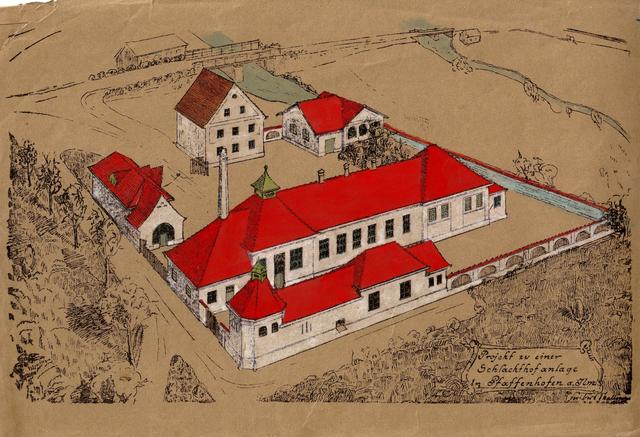 Gezeichnete Ansicht des Schlachthofs von Pfaffenhofen, der auf einem Teil des Areals für den neuen Bürgerpark stand (ca. 1909)