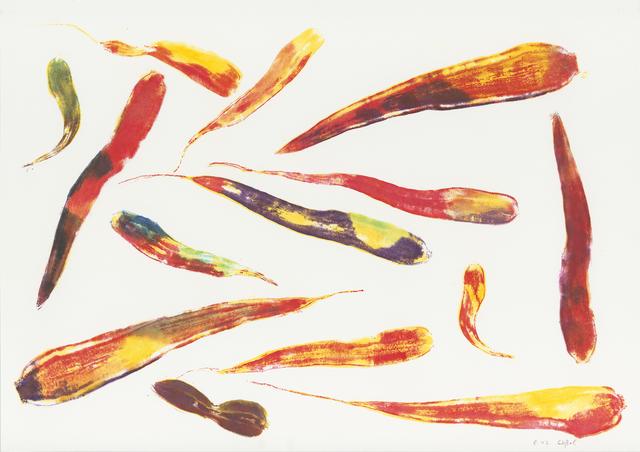 In der Ausstellung "Ladder to Heaven" in der Kunsthalle zu sehen: Stefan Stößel, Möhren II, 2012, Stempel auf Papier, 30,5 x 43 cm