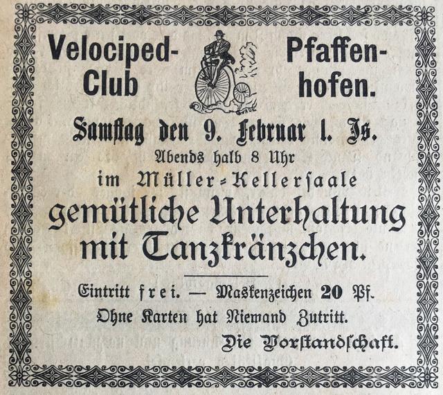Frühe Anzeige des Velociped-Clubs aus dem Jahr 1889