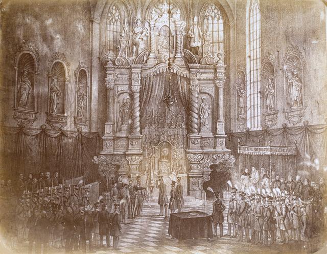 Die Darstellung der Fahnenweihe der Landwehr im Jahr 1835 zeigt das damalige Aussehen des Kircheninneren (Zeichnung von Augustin Schwarz, Repro Adolf Kraft)