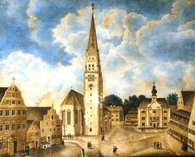 Der obere Hauptplatz mit Stadtpfarrkirche und Engelkapelle nach einer nachträglich kolorierten Zeichnung von Augustin Schwarz (vor 1830)