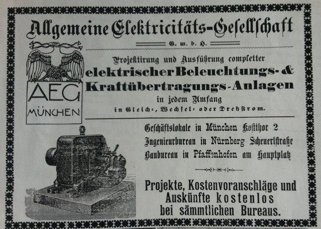 Anzeige der „Allgemeinen Elektricitäts-Gesellschaft“ mit Sitz in München, die bereits im Jahr 1899 ein Baubüro am Hauptplatz eröffnet hatte (1899).