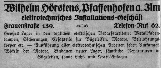 Kurz nach Ende des Ersten Weltkriegs eröffneten erste Elektrogeschäfte wie das von Wilhelm Hörskens, der ab Dezember 1918 in der Frauenstraße Elektroarbeiten ausführte und nach wenigen Jahren sein Geschäft an den Hauptplatz verlegte (1920).