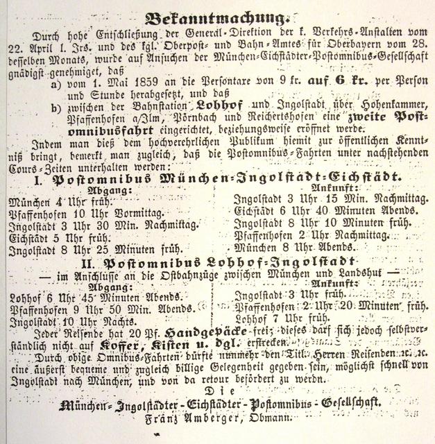 Bekanntmachung zur Einrichtung einer zweiten Postomnibuslinie zwischen Ingolstadt und Lohhof (1859). | Foto: Andreas Sauer