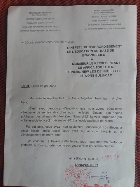 Dankesschreiben des Bezirksinspektors für Bildung an Africa Together e.V. | Foto: New Leg