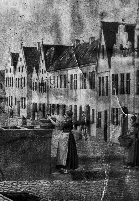 Häuserzeile der heutigen Frauenstraße um 1830. Meist mit einem Obergeschoss versehen bildeten diese Gebäude das typische Haus der Handwerker und Gewerbetreibenden im 19. Jahrhundert.