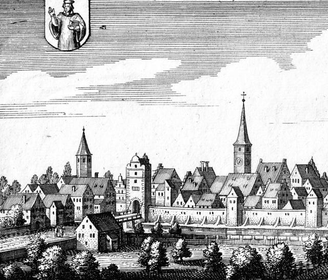 Ausschnitt aus dem Kupferstich von Michael Wening von 1701 mit dem Türltor und der davor befindlichen Zugbrücke