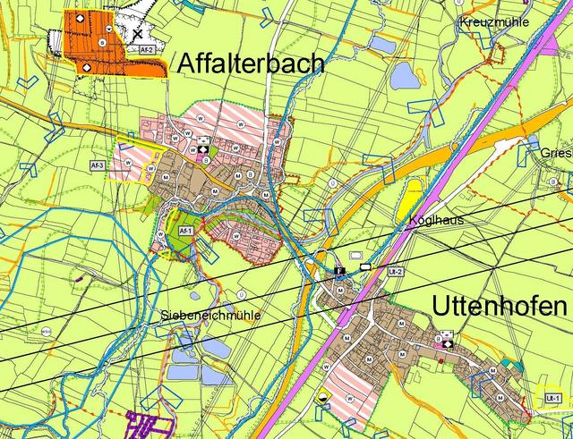 Ein Ausschnitt aus dem neuen Flächennutzungsplan: In Affalterbach und Uttenhofen sind Flächen für Wohnbebauung vorgesehen (ross-weiß schraffiert).