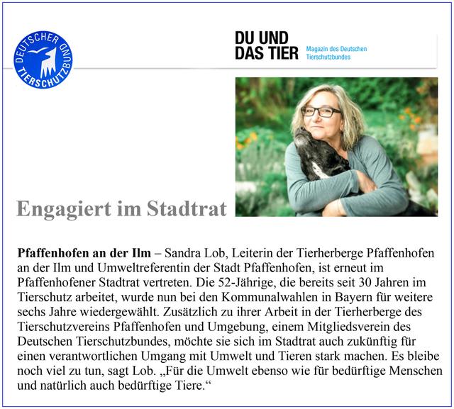 Auch der Deutsche Tierschutzbund mit Sitz in Bonn berichtete in seinem Magazin "Du und das Tier" über die Wiederwahl von Sandra Lob | Foto: © Deutscher Tierschutzbund e.V.:  "Du und das Tier"  