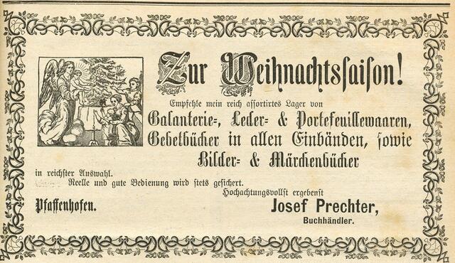 Weihnachtsanzeige des Buchhändlers Josef Prechter aus dem Jahr 1884.