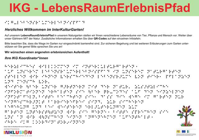 InterKulturGarten PAF - LebensRaumErlebnisPfad:
Begrüßungstafel mit Brailleschrift A3-Querformat:
Inbetriebnahme 02.06.2021
