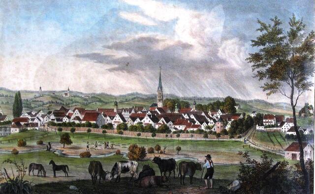 Diese Darstellung Pfaffenhofens zeigt eine kolorierte Zeichnung der Stadt (ca. 1830) von Osten mit dem Stadtgraben und dem Hungerturm sowie der Ilm im Vordergrund und den nahe an die Stadt heranreichenden Wiesen.  | Foto: © Stadtarchiv, Andreas Sauer