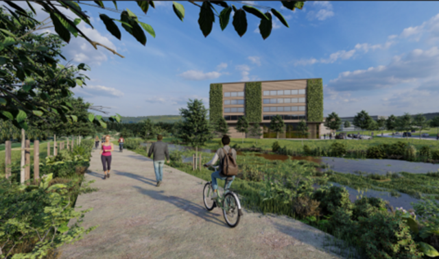 Blickwinkel: Weg zum Schindelhauser Forst von der Äußeren Moosburger Straße kommend. Großzügige Grüngürtel, Regenrückhaltung in naturnahen Teichen und begrünte Fassaden sind Teil der verpflichtenden Nachhaltigkeitskriterien für das geplante Gewerbegbiet Kuglhof 2.