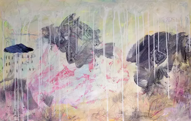 Silvia Gasteiger, Uhrzeit in Patagonien, 60x90cm, Acryl/ Mischtechnik auf Holzplatte, 2024 | Foto: Silvia Gasteiger