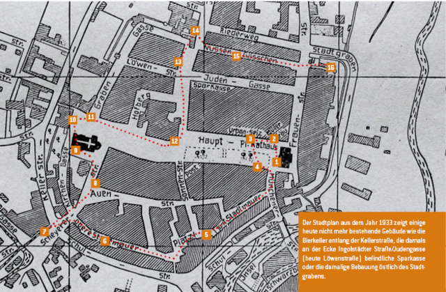 Der Stadtplan aus dem Jahr 1933 zeigt einige heute nicht mehr bestehende Gebäude wie die Bierkeller entlang der Kellerstraße, die damals an der Ecke Ingolstädter Straße/Judengasse (heute Löwenstraße) befindliche Sparkasse oder die damalige Bebauung östlich des Stadtgrabens.  | Foto: Stadtarchiv Pfaffenhofen