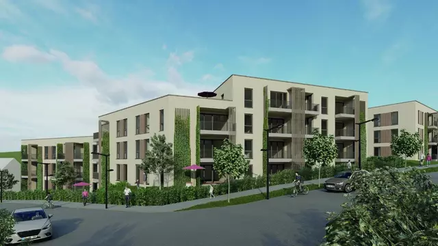 Visualisierung der Wohnanlage „Burgfriedenhöfe“, in der aktuell 19 Wohnungen zu reduzierten Mietpreisen vergeben werden. | Foto: Hawo Bau GmbH