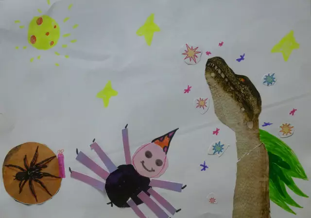 Bildcollage von Charlotte (9) zur Geschichte „Die Spinne und der Drache“
 | Foto: © Stadtbücherei