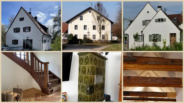 von links nach rechts: Einfamilienhaus von 1948, Bauernhaus von 1923, Greddachhaus von 1704