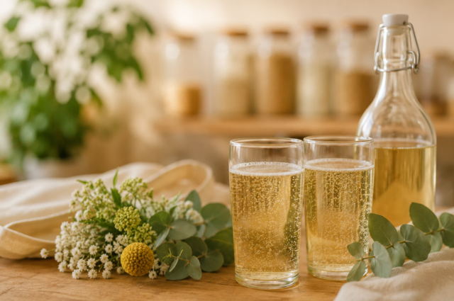 Zwei gefüllte Getränkegläser mit Flasche schön platziert 