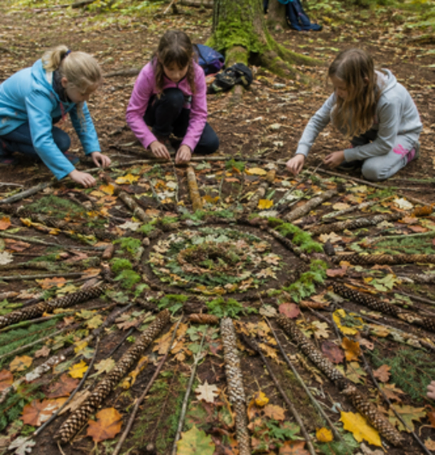 drei Kinder hocken auf dem Waldboden und legen ein Bild auf dem Boden