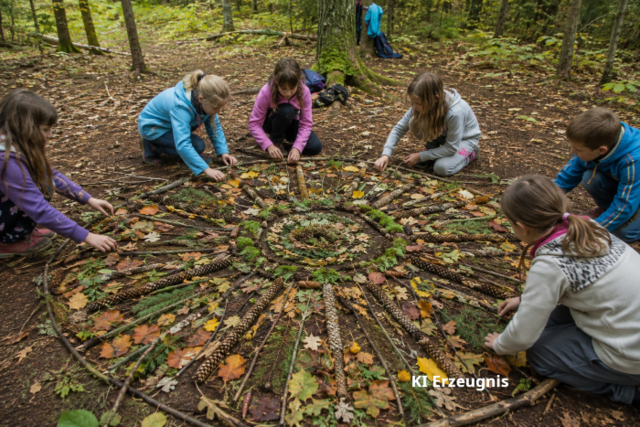 Kinder legen auf dem Waldboden ein Mandala