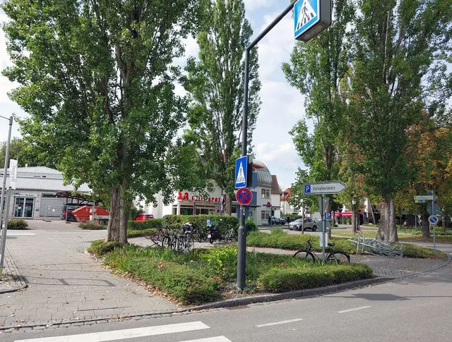 Grünanlage mit Fußgängerüberweg, grünen Bäumen, Wiese und Fahrradabstellplätzen